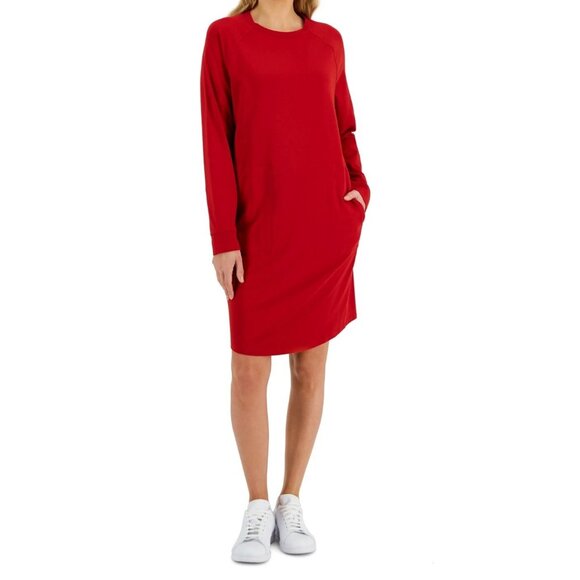 NWT Eileen Fisher Women's Long-Sleeve Crewneck Raglan Dress, Red, XXS / 2XS - Picture 1 of 6